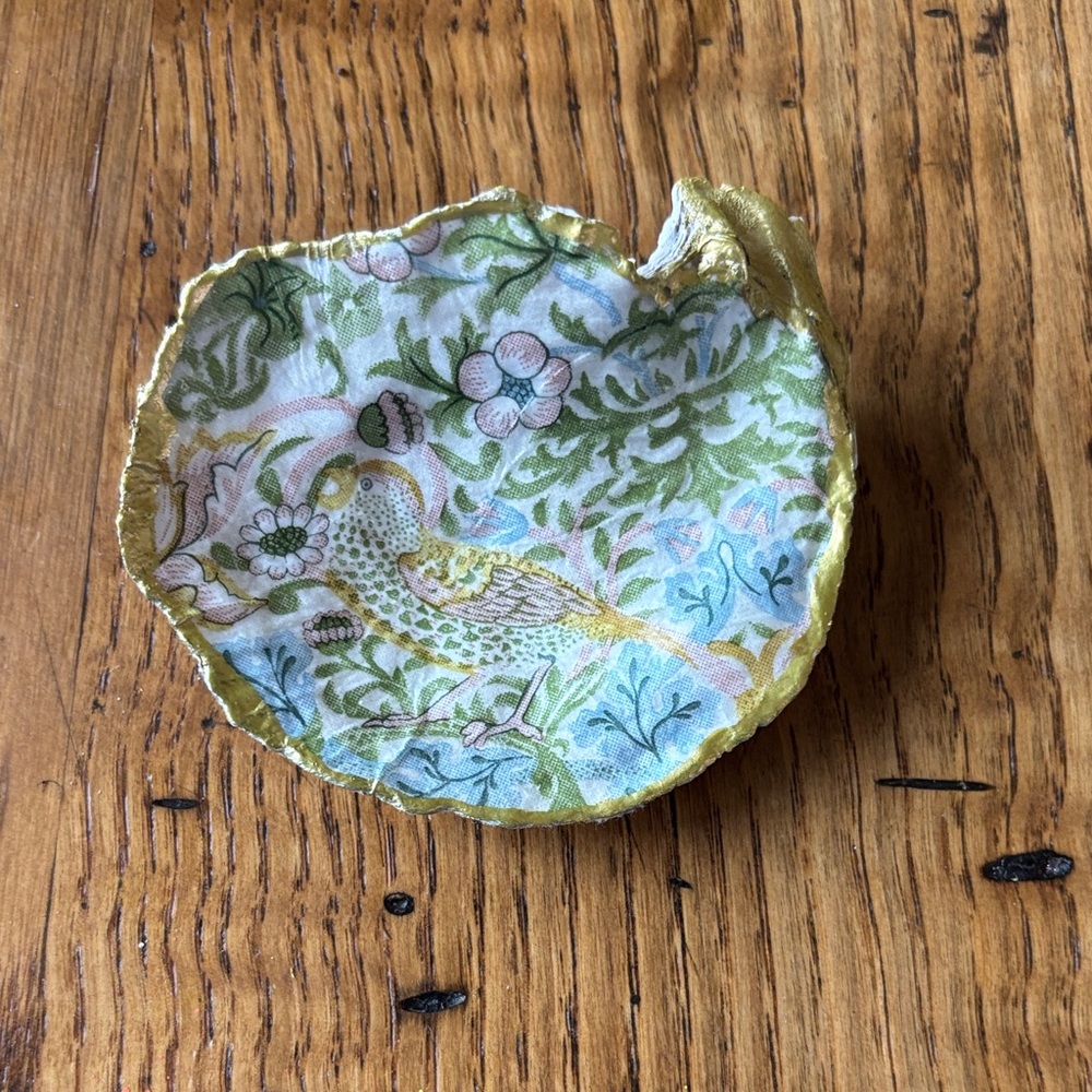 Handcrafted Decorative Decoupage Oyster Shell in Green and Gold